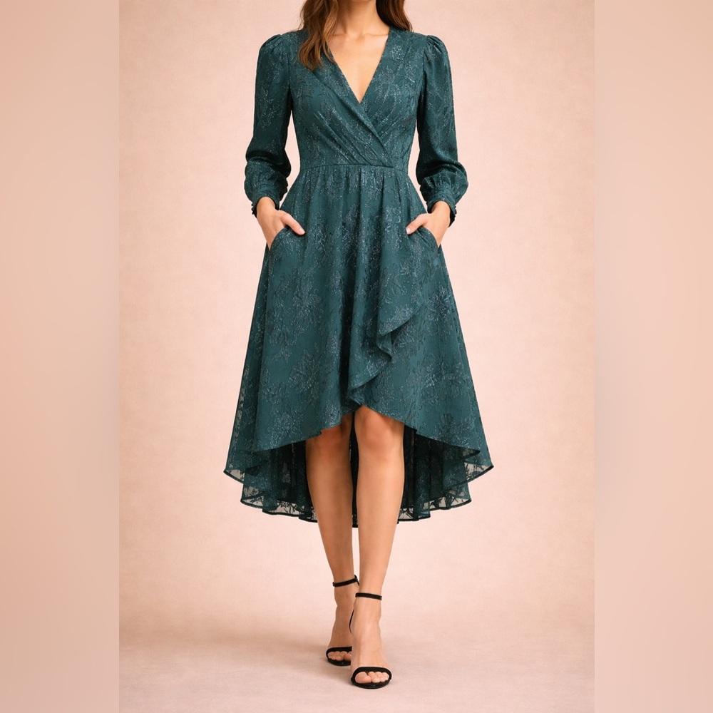 NWOT Eliza J Lace High-Low sparkly emerald Dress with pockets size 14 or large